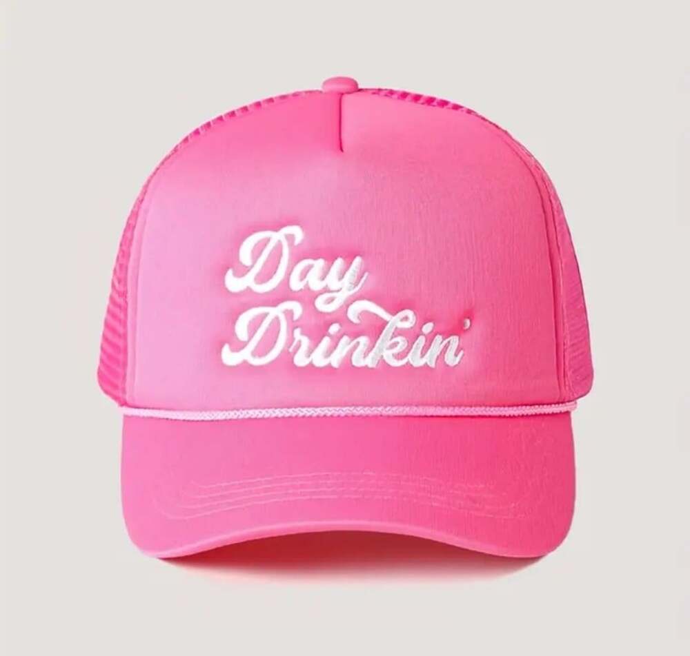 Pink trucker hat embroidered day drinkin in white snap back nwt